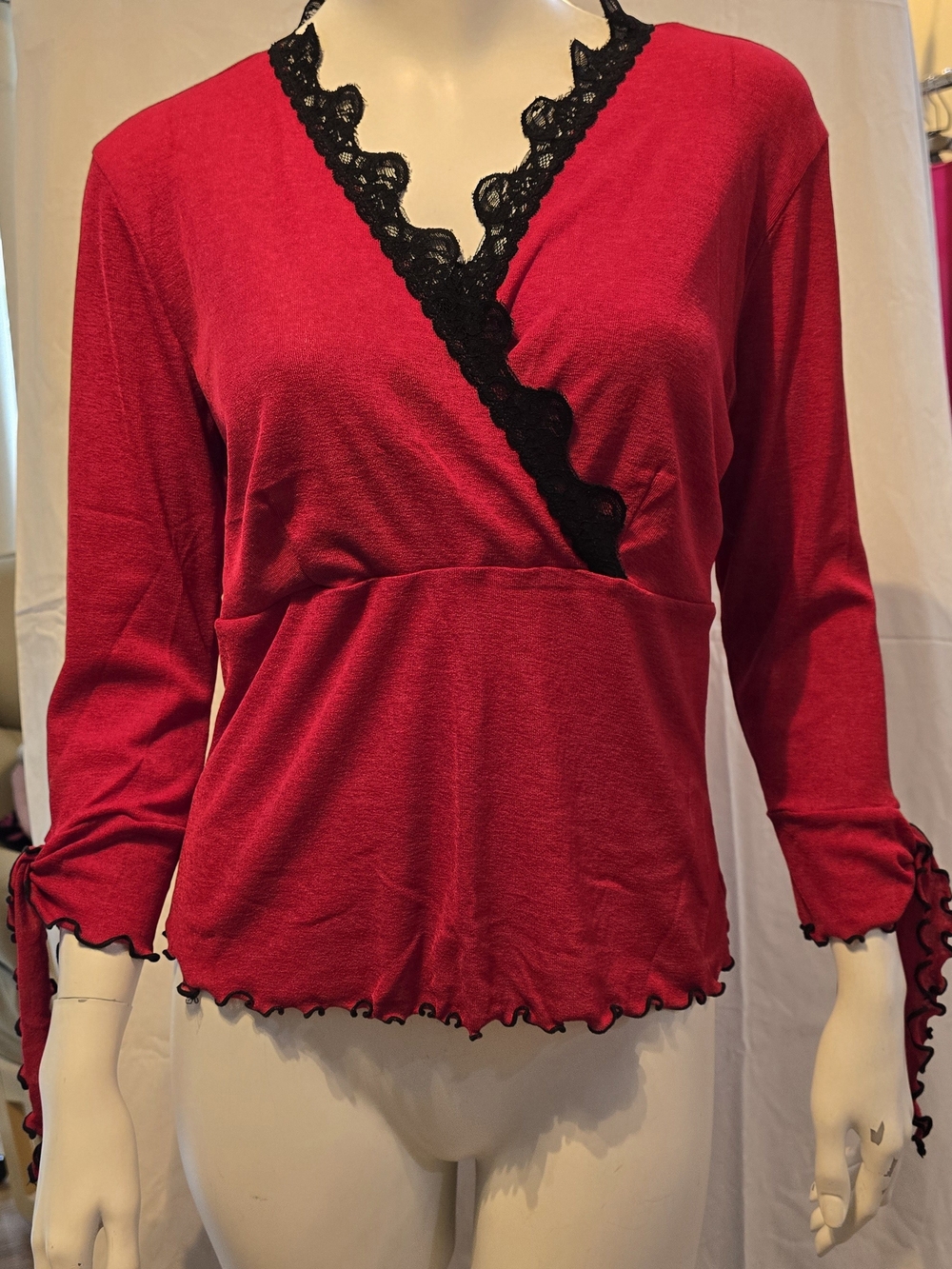 Fashion Bug Red Wrap-Style Top with Black Lace Trim